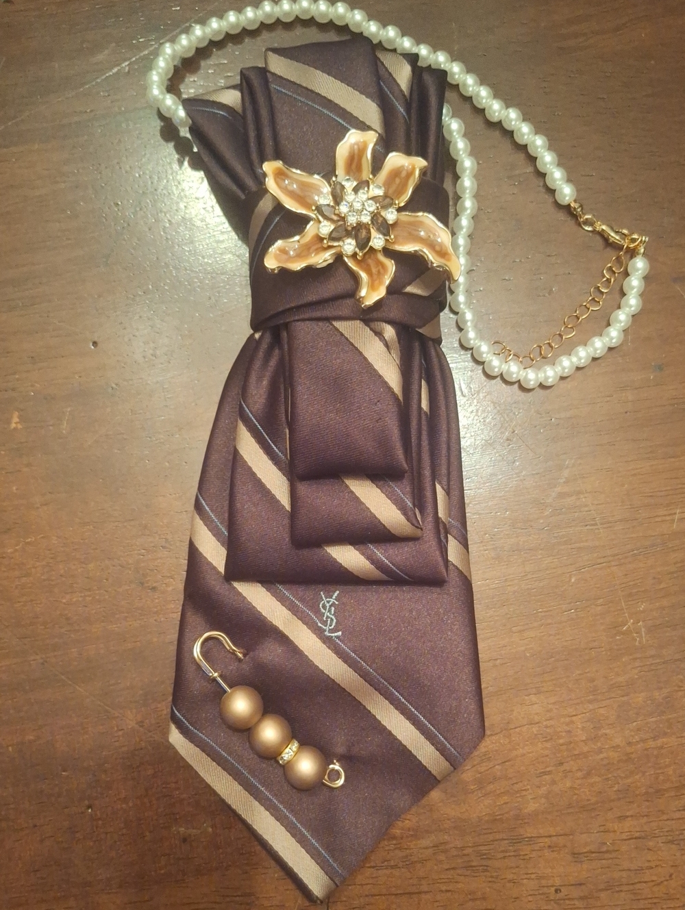Yves Saint Laurent Brown and Beige Striped Necktie Necklace